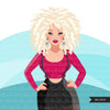 Fashion Graphics, Caucasian Woman jumpsuit, curly hair, Sublimation designs for Cricut & Cameo, commercial use PNG clipart