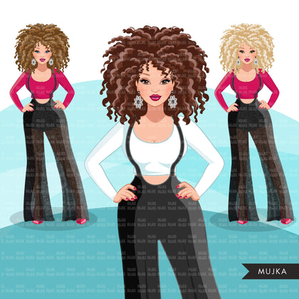 Fashion Graphics, Caucasian Woman jumpsuit, curly hair, Sublimation designs for Cricut & Cameo, commercial use PNG clipart