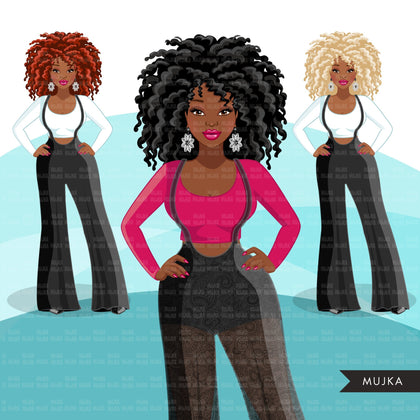 Fashion Graphics, Black Woman jumpsuit, curly hair, Sublimation designs for Cricut & Cameo, commercial use PNG clipart