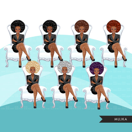 Fashion Graphics, Black BusinessWoman  white throne Afro hair, Sublimation designs for Cricut & Cameo, commercial use PNG clipart