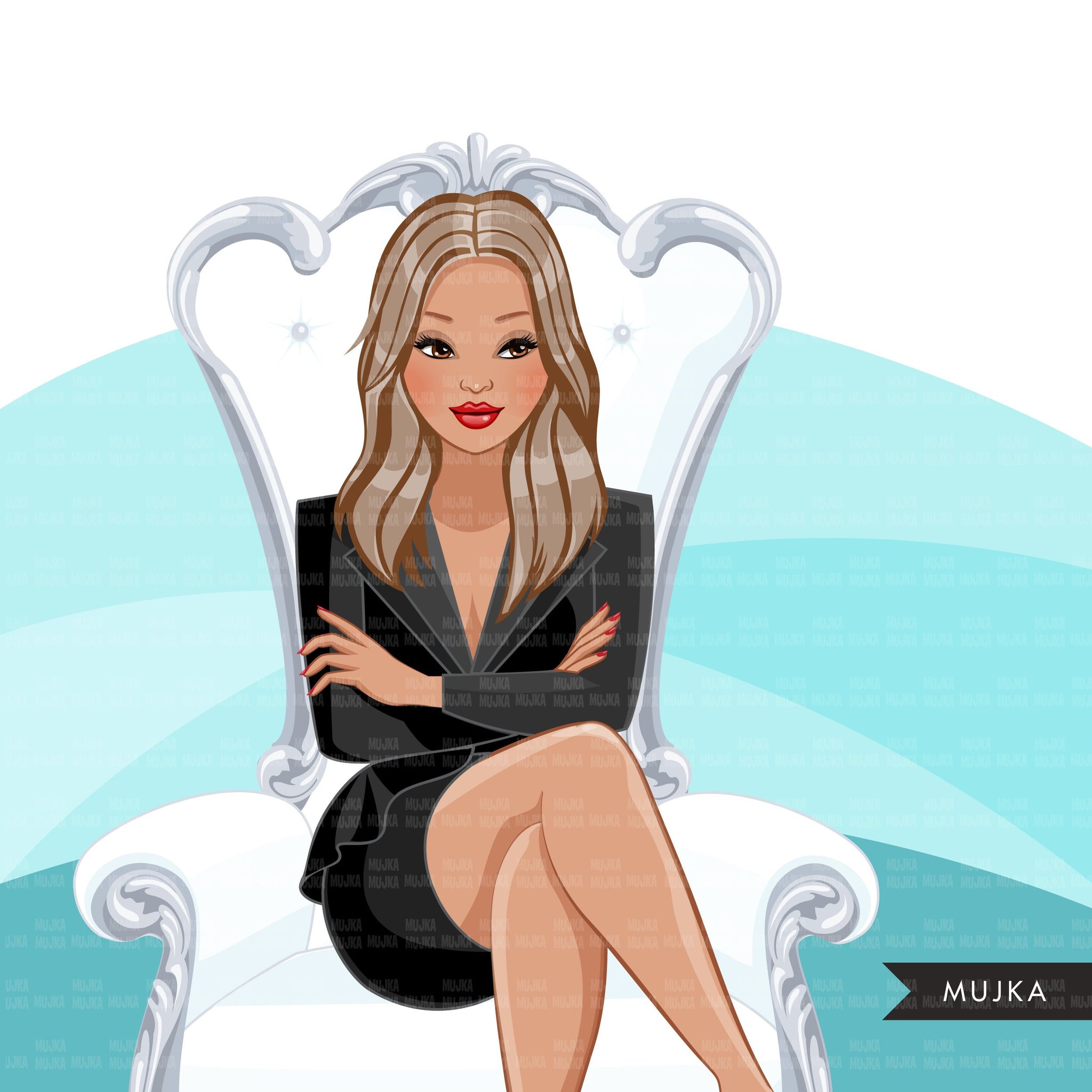 Fashion Graphics, Caucasian Business Woman  white throne long hair, Sublimation designs for Cricut & Cameo, commercial use PNG clipart