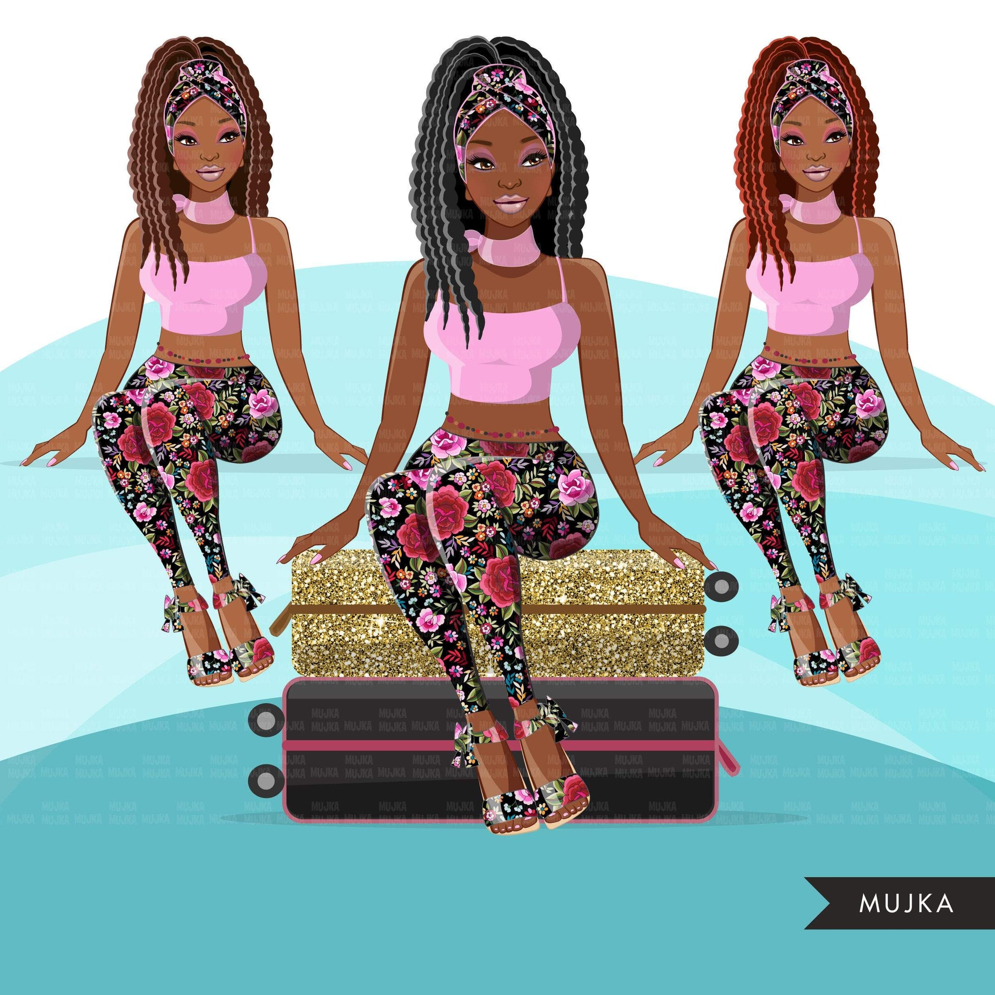 Fashion Graphics, travel gold glitter suitcase, Black woman braid dreads, Sublimation design for Cricut & Cameo, commercial use PNG clipart