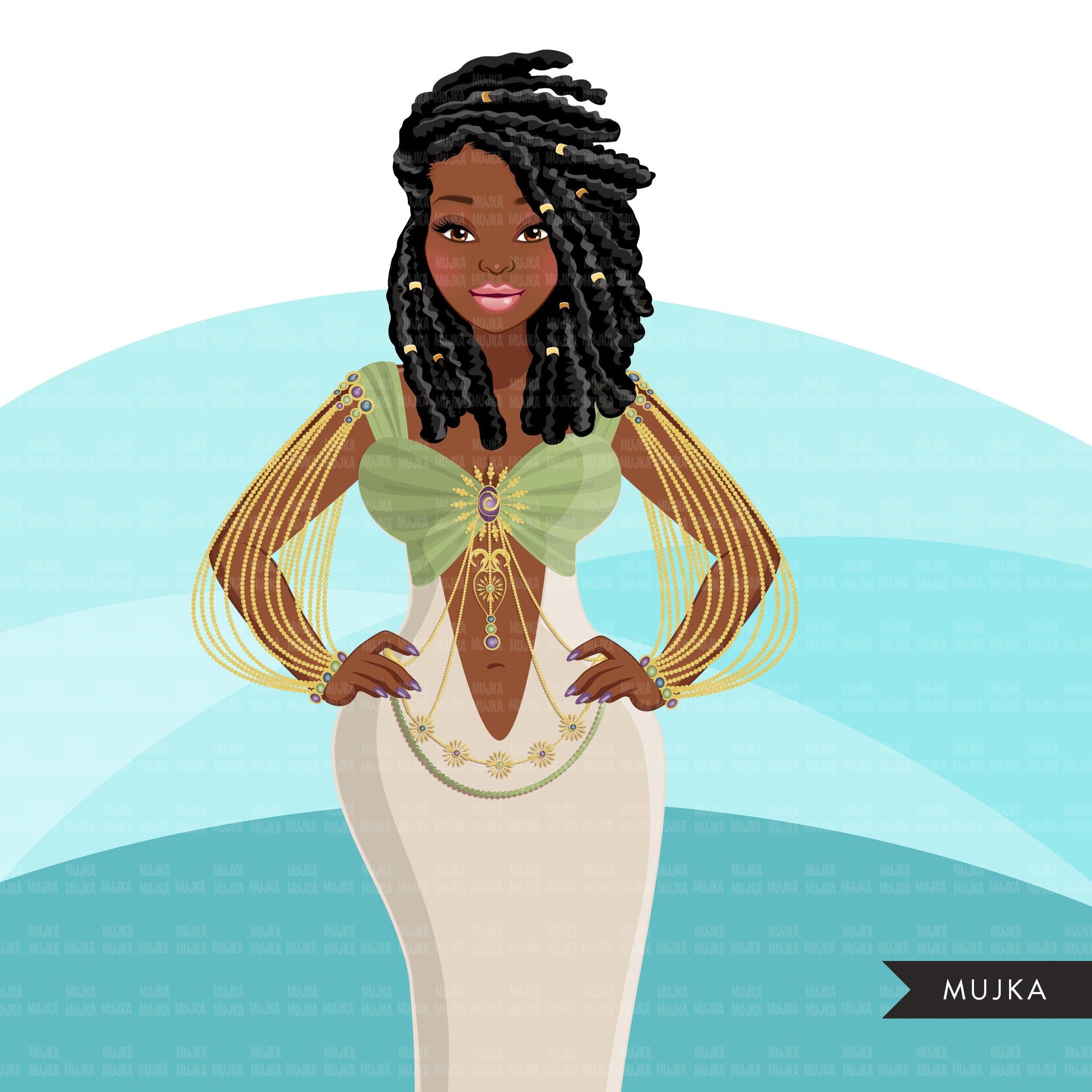 Fashion Graphics, Black Woman Green Cocktail dress, braids hair, Sublimation designs for Cricut & Cameo, commercial use PNG clipart