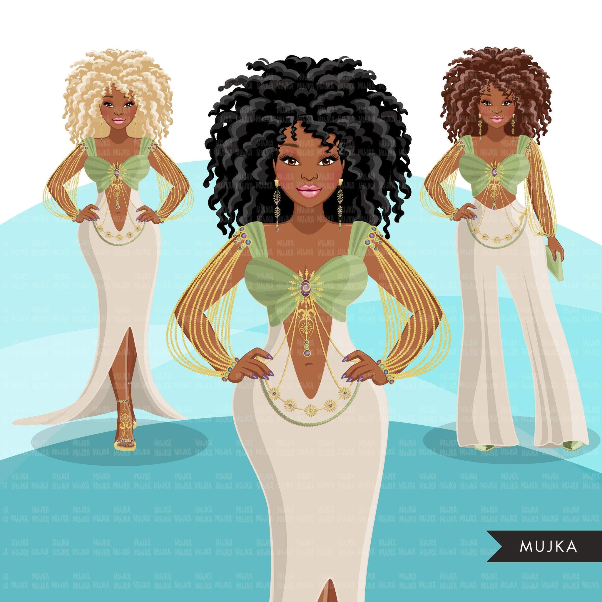 Fashion Graphics, Black Woman Green Cocktail dress, afro curly hair, Sublimation designs for Cricut & Cameo, commercial use PNG clipart