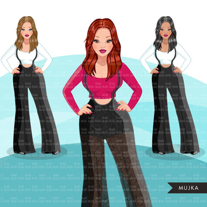 Fashion Graphics, Caucasian Woman jumpsuit, long hair, Sublimation designs for Cricut & Cameo, commercial use PNG clipart