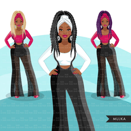 Fashion Graphics, Black Woman jumpsuit, long braids, Sublimation designs for Cricut & Cameo, commercial use PNG clipart