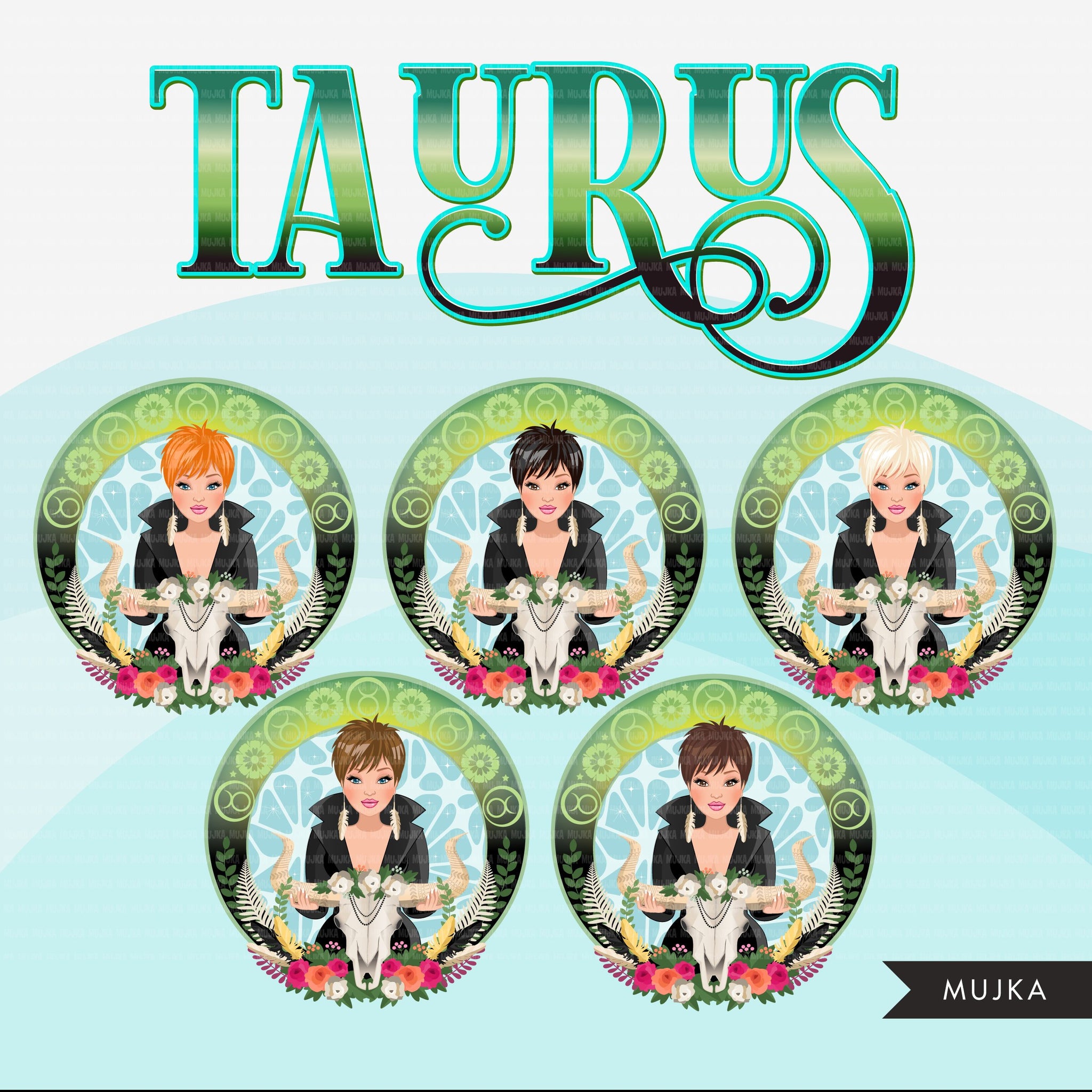 Zodiac Taurus Clipart, Png digital download, Sublimation Graphics for Cricut & Cameo, Caucasian pixie hair Woman Horoscope sign designs
