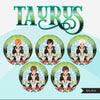 Zodiac Taurus Clipart, download digital Png, gráficos de sublimação para Cricut e Cameo, cabelo pixie caucasiano, designs de signos de horóscopo feminino