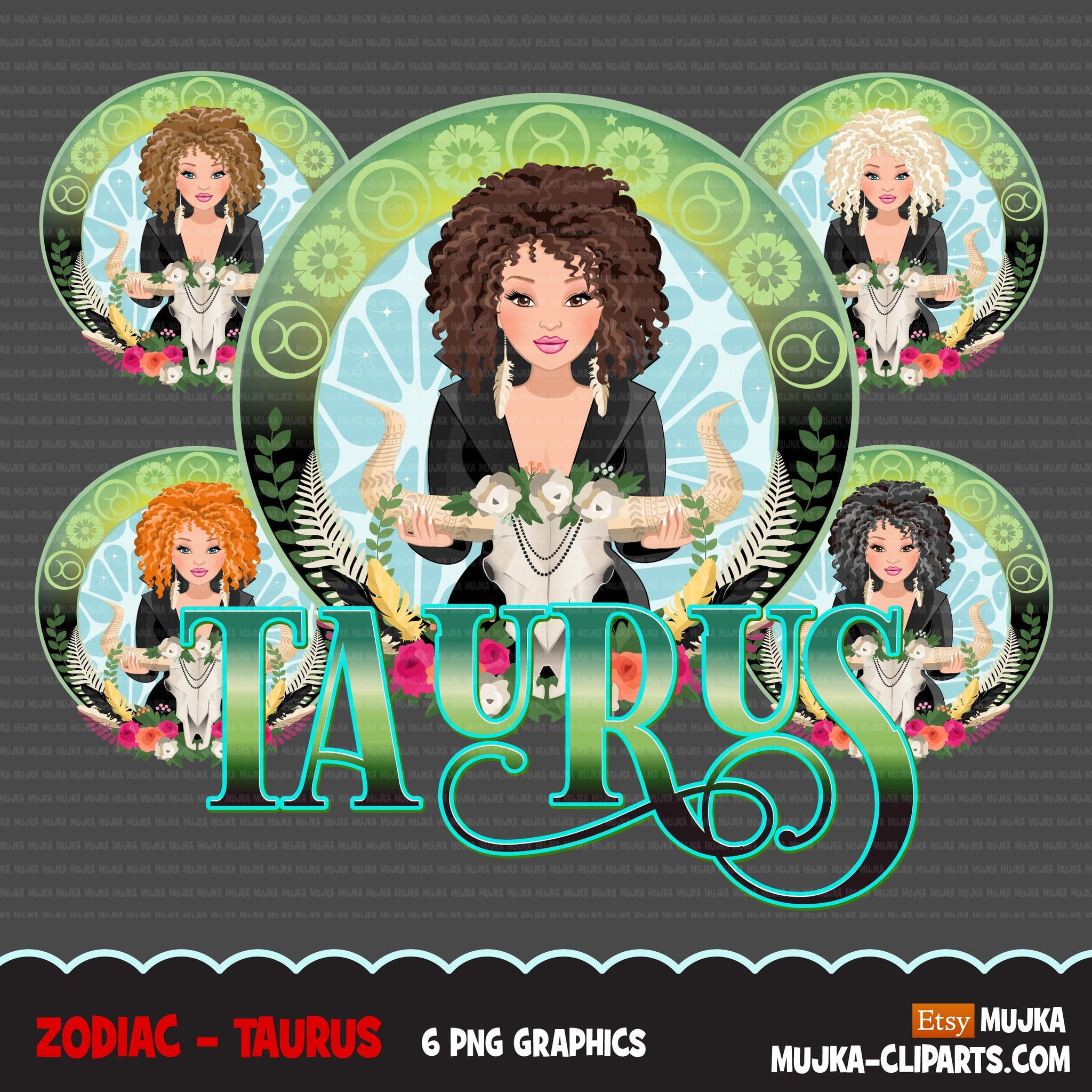 Zodiac Taurus Clipart, Png digital download, Sublimation Graphics for Cricut & Cameo, Caucasian Curly hair Woman Horoscope sign designs