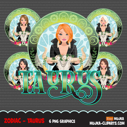 Zodiac Taurus Clipart, Png digital download, Sublimation Graphics for Cricut & Cameo, Caucasian short bob hair Woman Horoscope sign designs