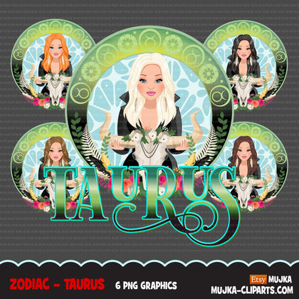 Zodiac Taurus Clipart, Png digital download, Sublimation Graphics for Cricut & Cameo, Caucasian long hair Woman Horoscope sign designs