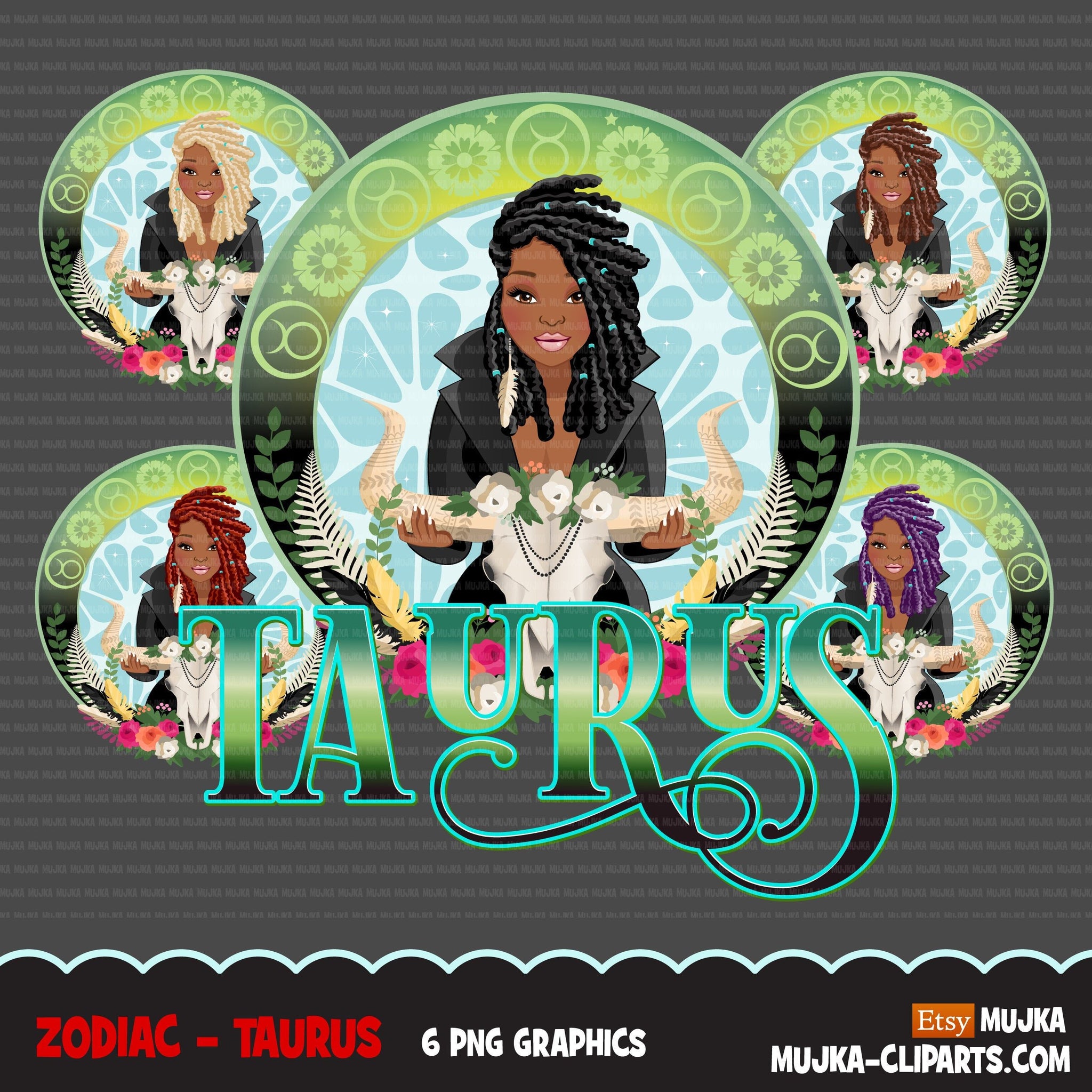 Zodiac Taurus Clipart, download digital Png, gráficos de sublimação para Cricut e Cameo, designs de signos de horóscopo de mulher com TRANÇAS pretas