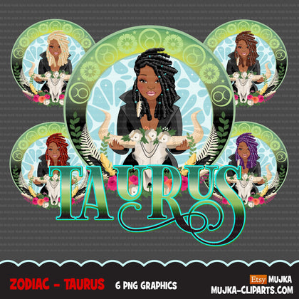 Zodiac Taurus Clipart, Png digital download, Sublimation Graphics for Cricut & Cameo, Black BRAIDS Woman Horoscope sign designs