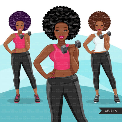 Fitness Graphics, Black Afro Woman, workout, personal trainer, Sublimation designs for Cricut & Cameo, commercial use PNG clipart