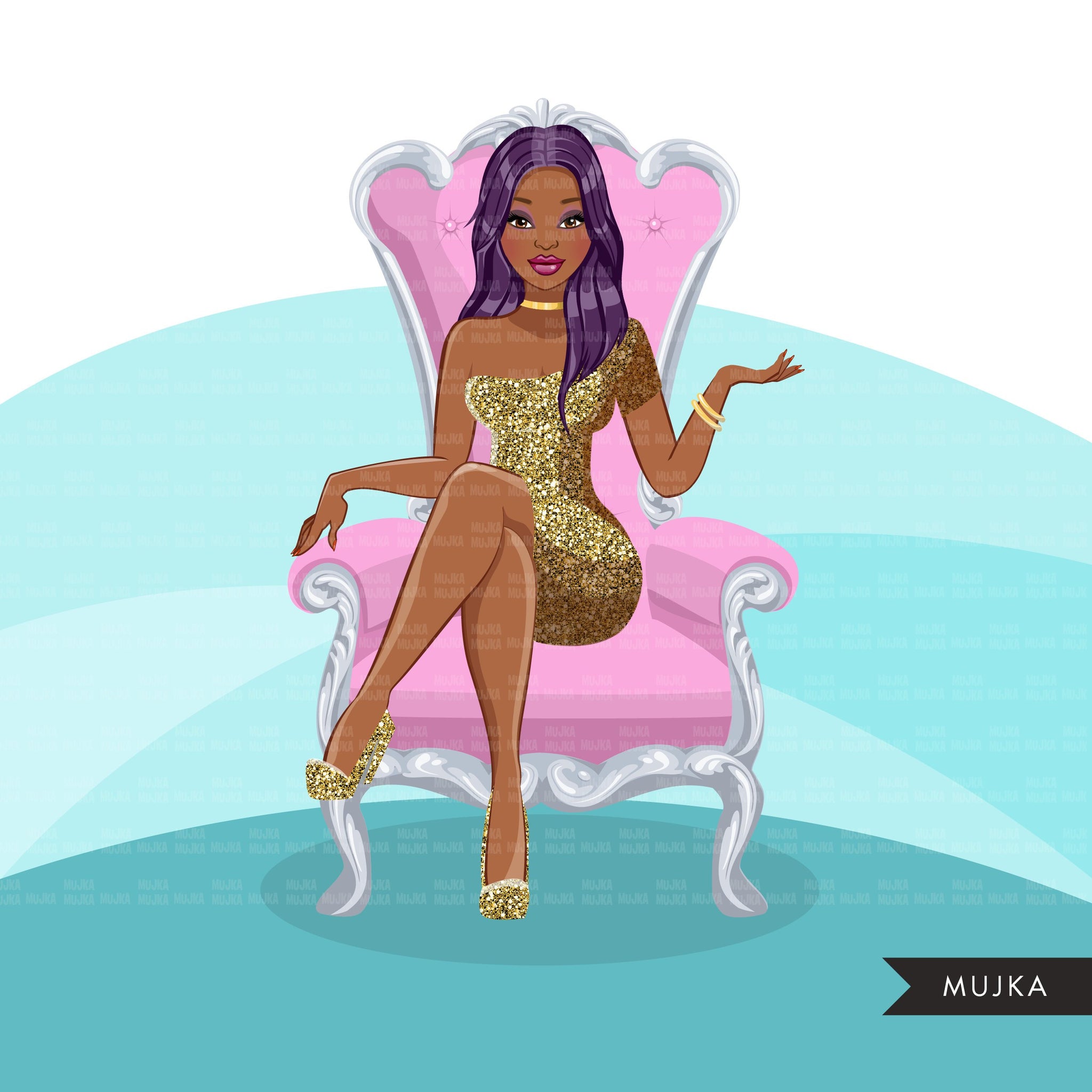 Fashion Graphics, Black Woman, long hair, pink throne, gold glitter, Sublimation designs for Cricut & Cameo, commercial use PNG clipart