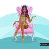 Fashion Graphics, Black Woman, long hair, pink throne, gold glitter, Sublimation designs for Cricut & Cameo, commercial use PNG clipart