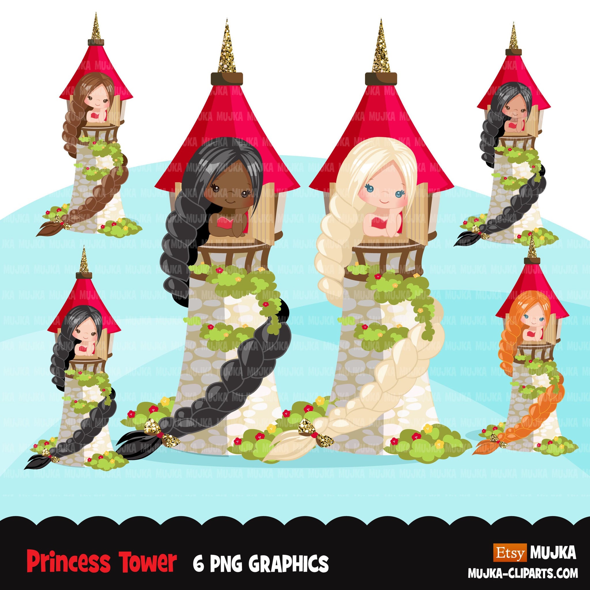 Princess Clipart, princess tower, sublimation graphics, black princess, birthday party, rapunzel  PNG clip art