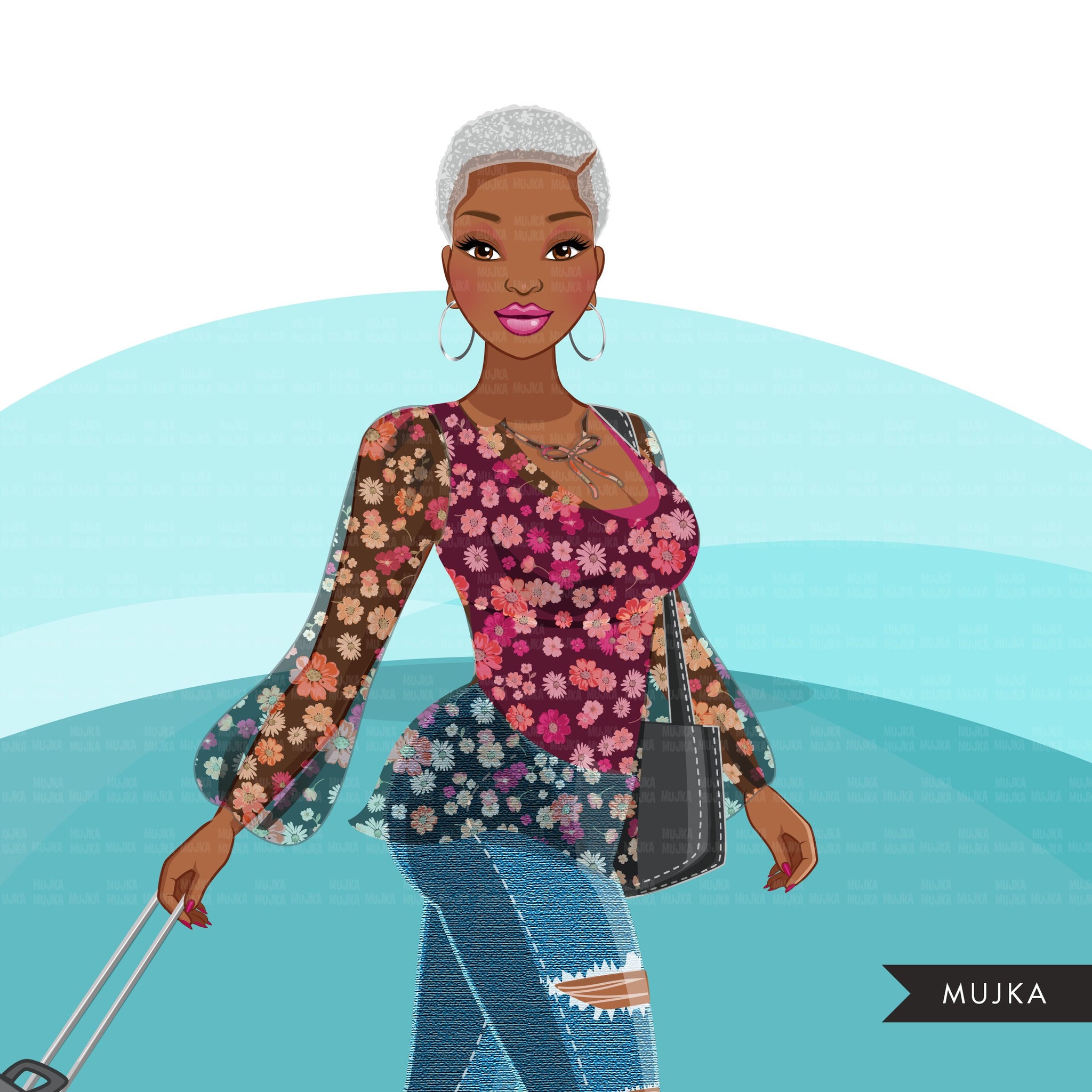 Fashion Graphics, travel vacation suitcase, Black woman short hair, Sublimation design for Cricut & Cameo, commercial use PNG clipart