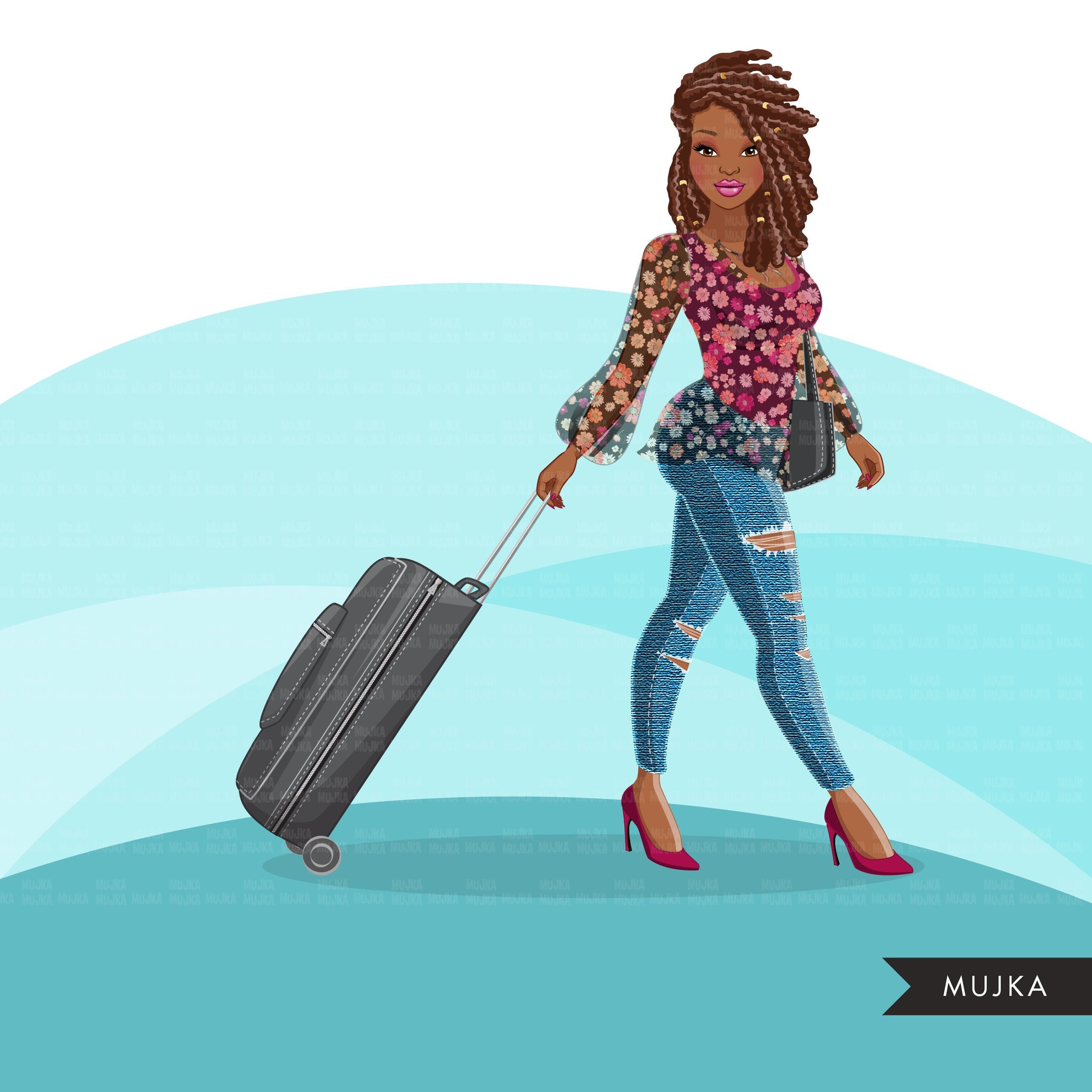 Fashion Graphics, travel vacation suitcase, Black woman braids, dreads, Sublimation design for Cricut & Cameo, commercial use PNG clipart