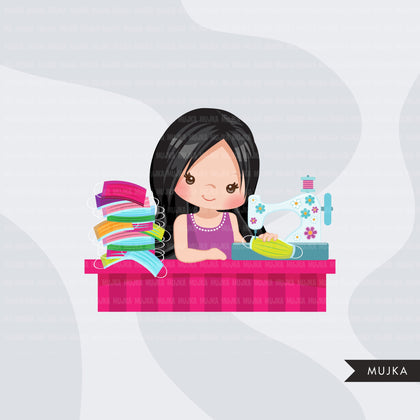 Face mask sewing clipart, seamstress, tailor graphics, sewing girls, crafting  sublimation graphics, PNG clip art