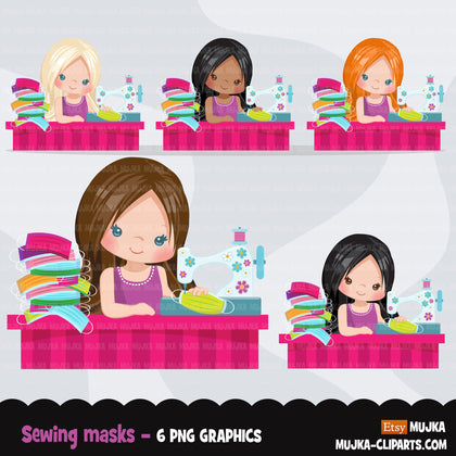 Face mask sewing clipart, seamstress, tailor graphics, sewing girls, crafting  sublimation graphics, PNG clip art