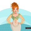 Fashion Graphics, Caucasian Woman Green Cocktail dress, messy bun, Sublimation designs for Cricut & Cameo, commercial use PNG clipart