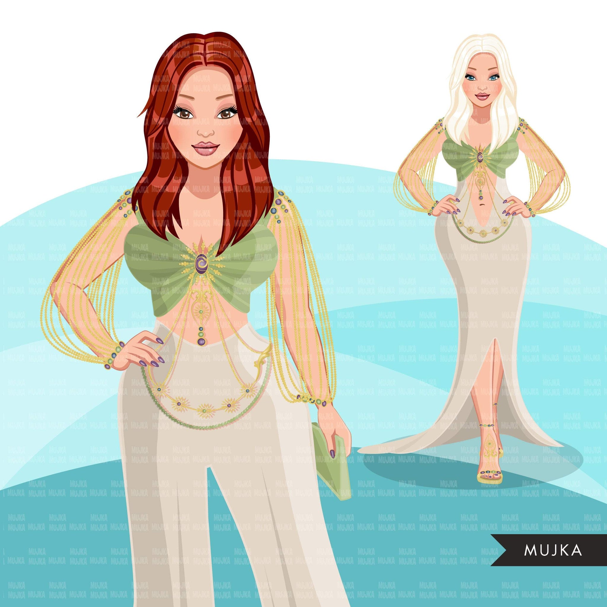 Fashion Graphics, Caucasian Woman Green Cocktail dress, long hair, Sub – MUJKA CLIPARTS
