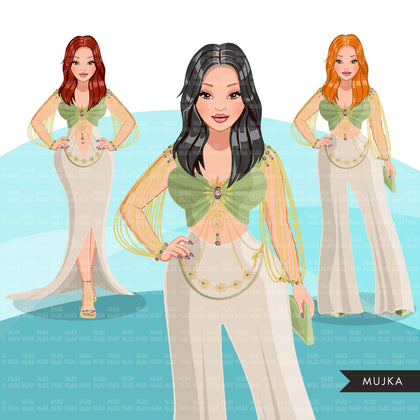 Fashion Graphics, Caucasian Woman Green Cocktail dress, long hair, Sublimation designs for Cricut & Cameo, commercial use PNG clipart