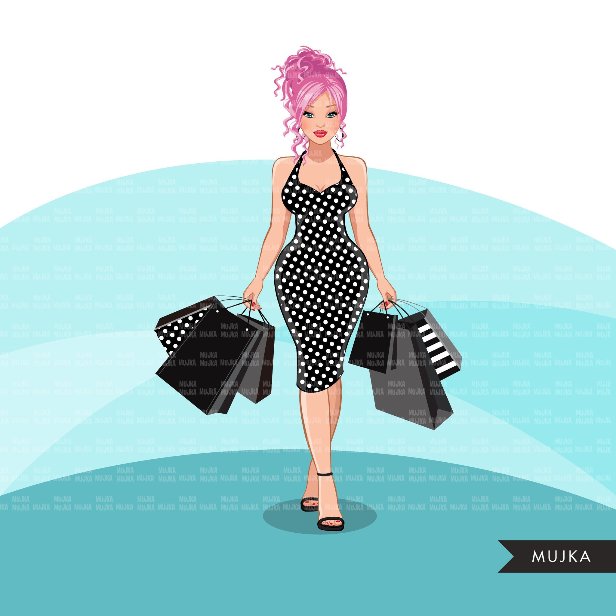 Fashion Graphics, Caucasian Woman shopping, polka dot dress, messy bun, Sublimation designs for Cricut & Cameo, commercial use PNG clipart