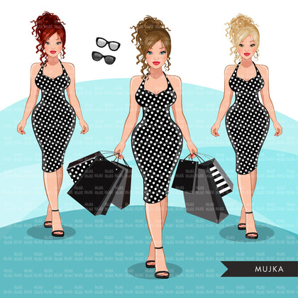 Fashion Graphics, Caucasian Woman shopping, polka dot dress, messy bun, Sublimation designs for Cricut & Cameo, commercial use PNG clipart