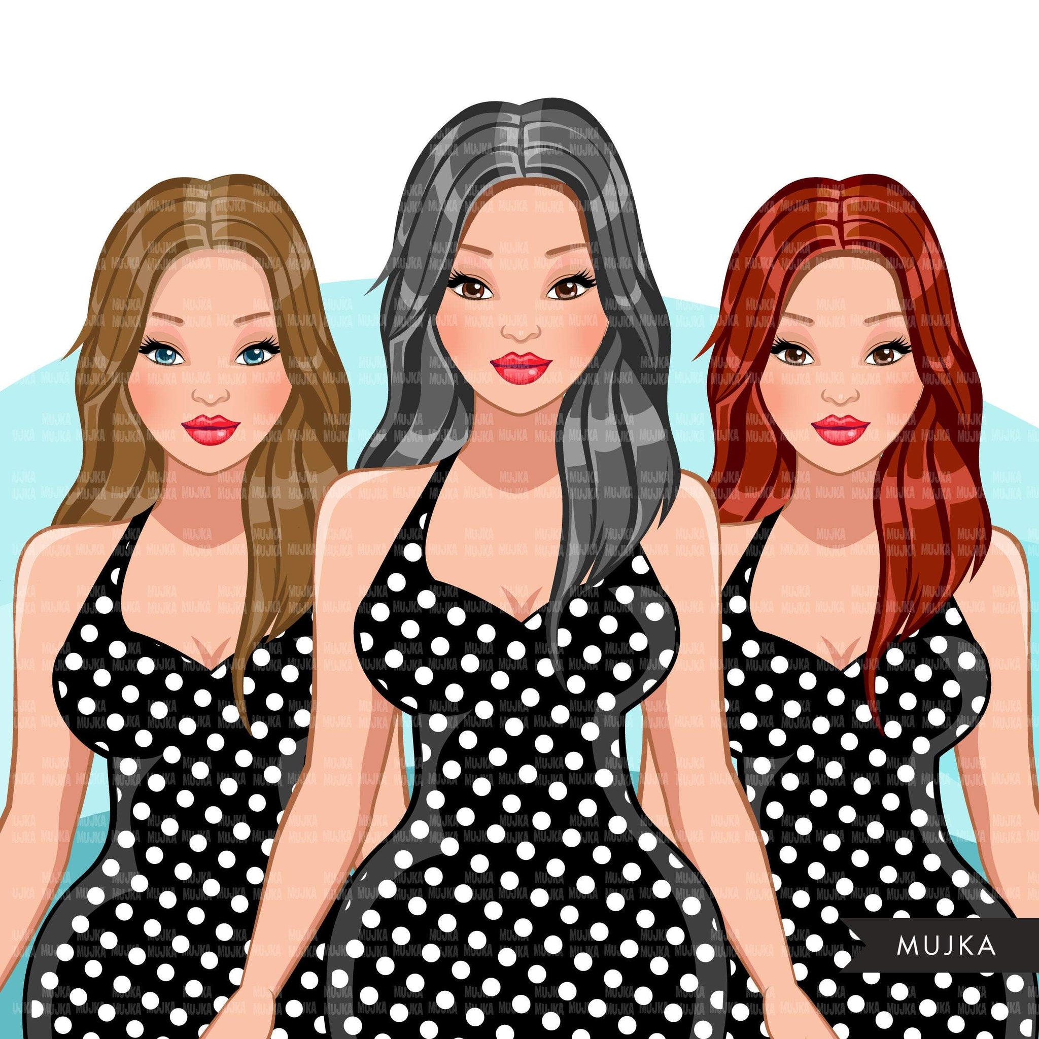 Fashion Graphics, Caucasian Woman shopping, polka dot dress, long hair, Sublimation designs for Cricut & Cameo, commercial use PNG clipart