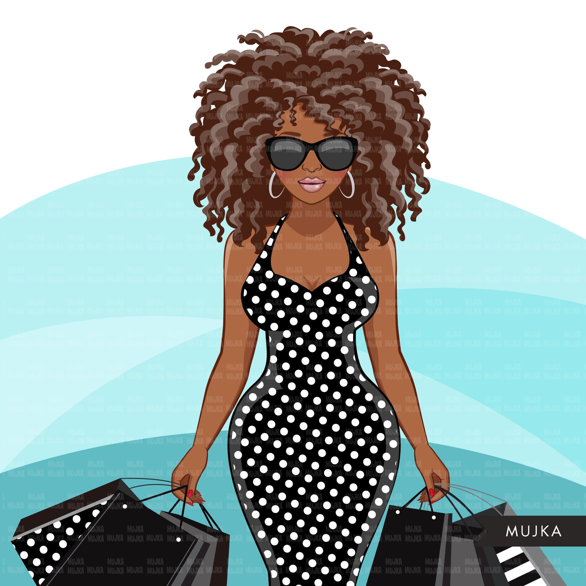 Fashion Graphics, Black Woman shopping, curly afro, Sublimation designs for Cricut & Cameo, commercial use PNG clipart