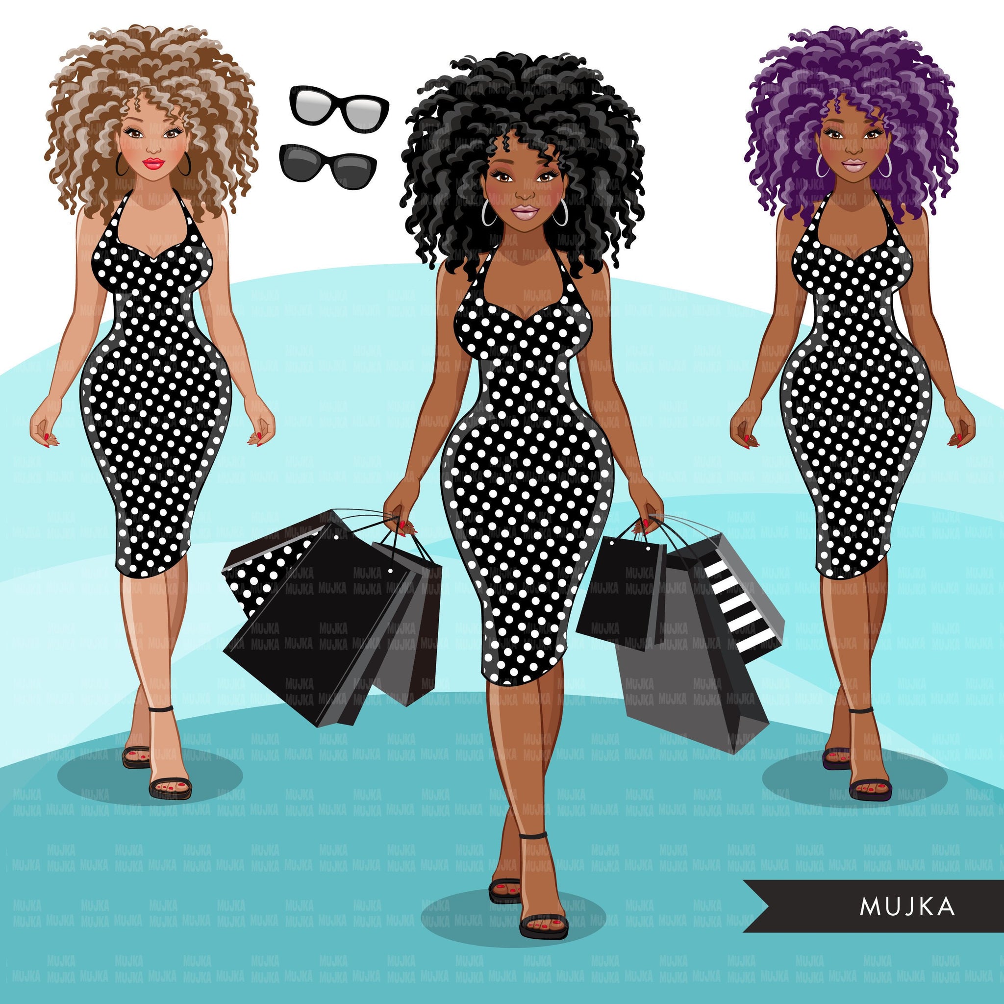 Fashion Graphics, Black Woman shopping, curly afro, Sublimation designs for Cricut & Cameo, commercial use PNG clipart