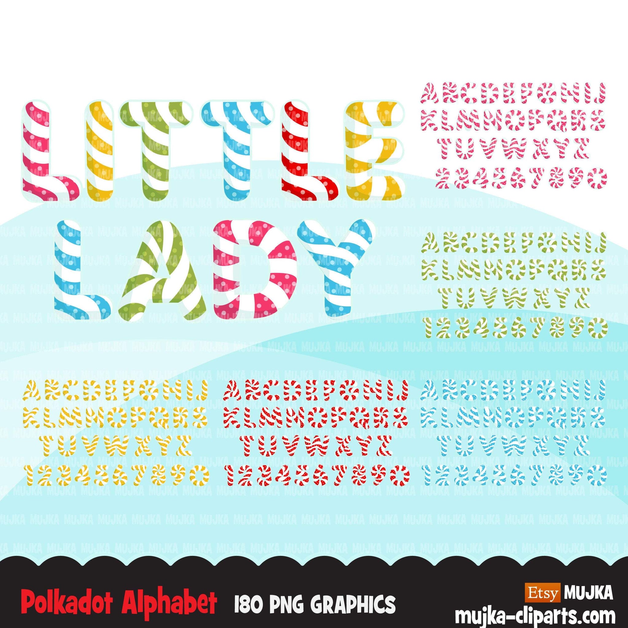Polka dot Alphabet clipart, Lollipop shaped letters and numbers, birthday party clip art, cute letters Png graphics