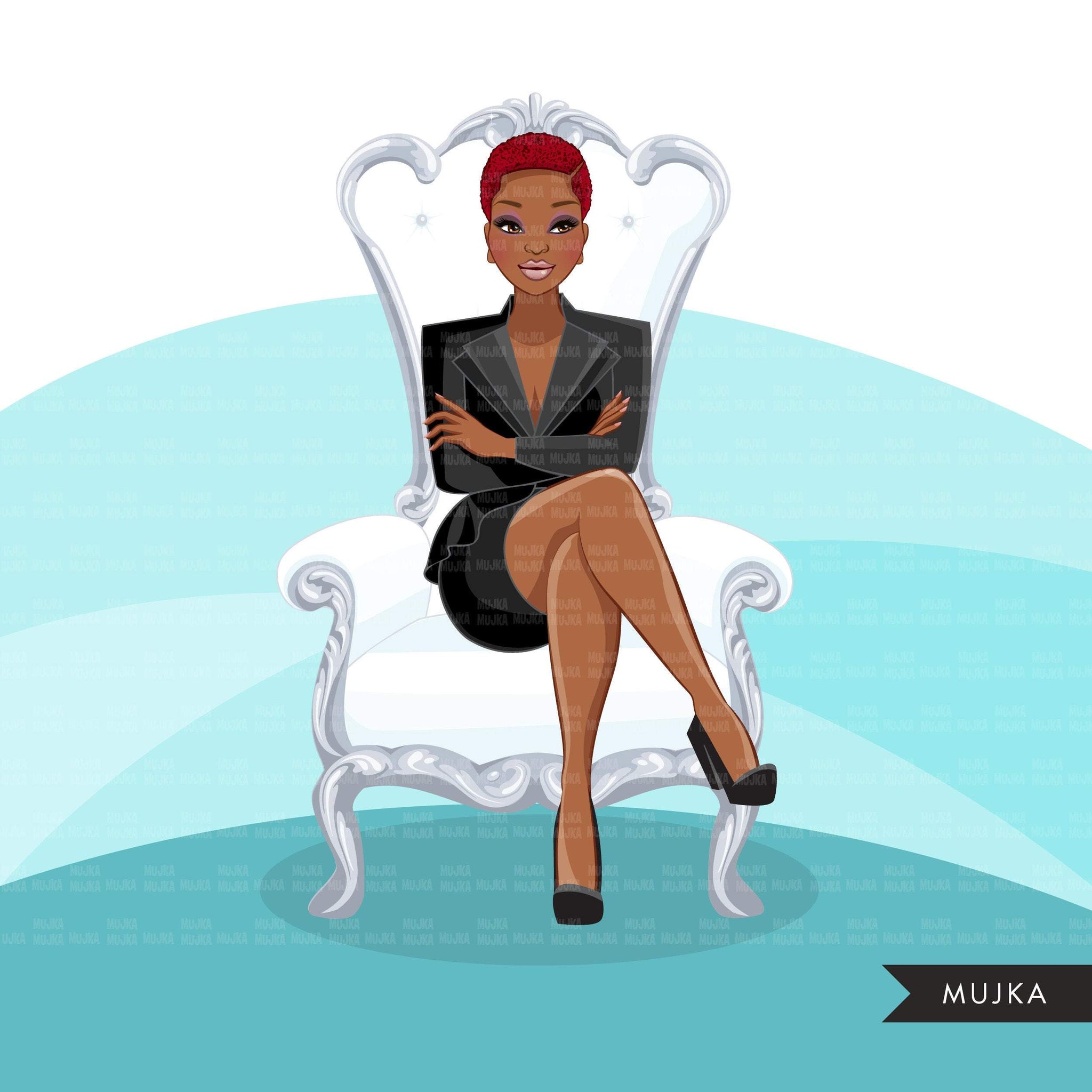 Fashion Graphics, Black Business Woman  white throne, Sublimation designs for Cricut & Cameo, commercial use PNG clipart