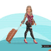Fashion Graphics, travel vacation suitcase, Caucasian woman long hair, Sublimation design for Cricut & Cameo, commercial use PNG clipart