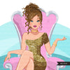Fashion Graphics, Caucasian Woman messy bun, gold glitter, pink throne, Sublimation designs for Cricut & Cameo, commercial use PNG clipart