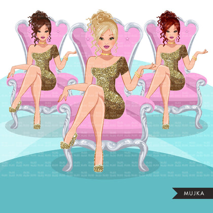 Fashion Graphics, Caucasian Woman messy bun, gold glitter, pink throne, Sublimation designs for Cricut & Cameo, commercial use PNG clipart