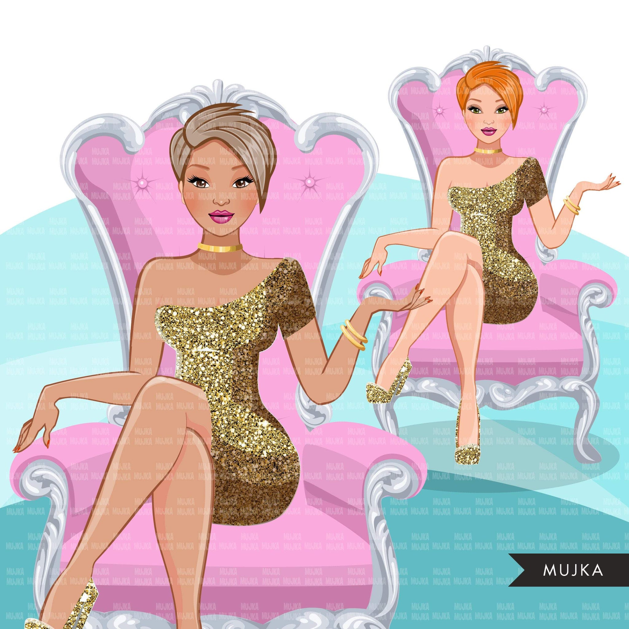 Fashion Graphics, Caucasian Woman short hair, pink throne, gold glitter, Sublimation designs for Cricut & Cameo, commercial use PNG clipart