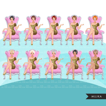 Fashion Graphics, Caucasian Woman short hair, pink throne, gold glitter, Sublimation designs for Cricut & Cameo, commercial use PNG clipart