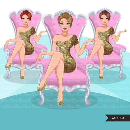 Fashion Graphics, Caucasian Woman short hair, pink throne, gold glitter, Sublimation designs for Cricut & Cameo, commercial use PNG clipart