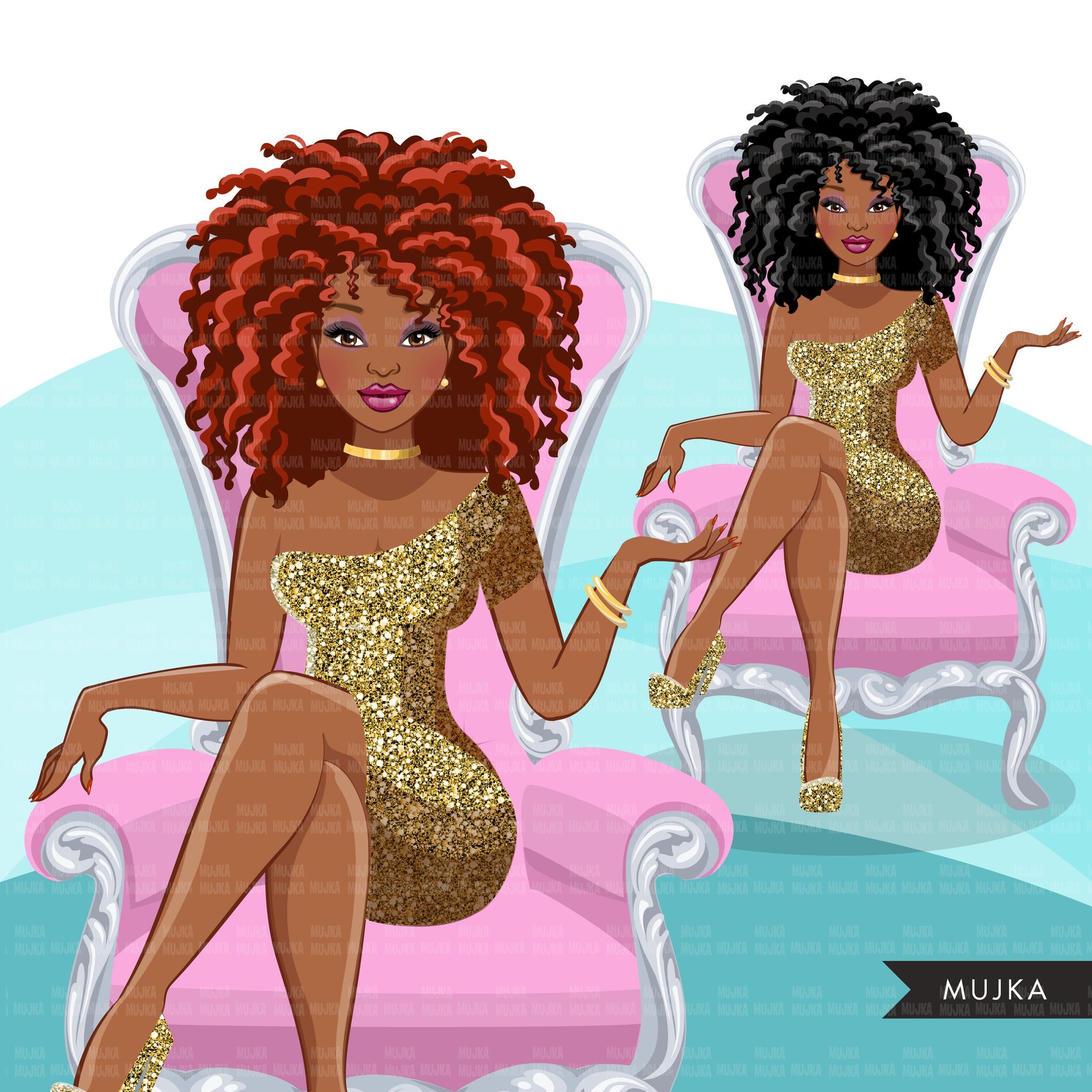 Fashion clipart Graphics, Black Woman curly hair, pink throne, gold glitter, Sublimation designs for Cricut & Cameo, commercial use PNG