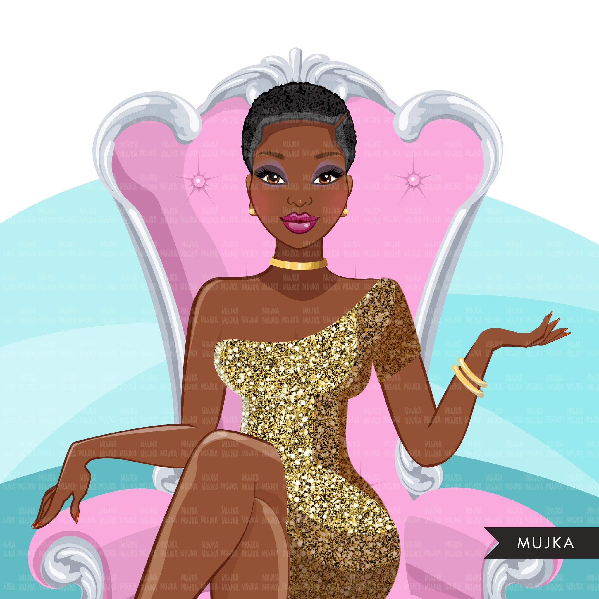 Fashion Graphics, Black Woman, pink throne, gold glitter, Sublimation designs for Cricut & Cameo, commercial use PNG clipart