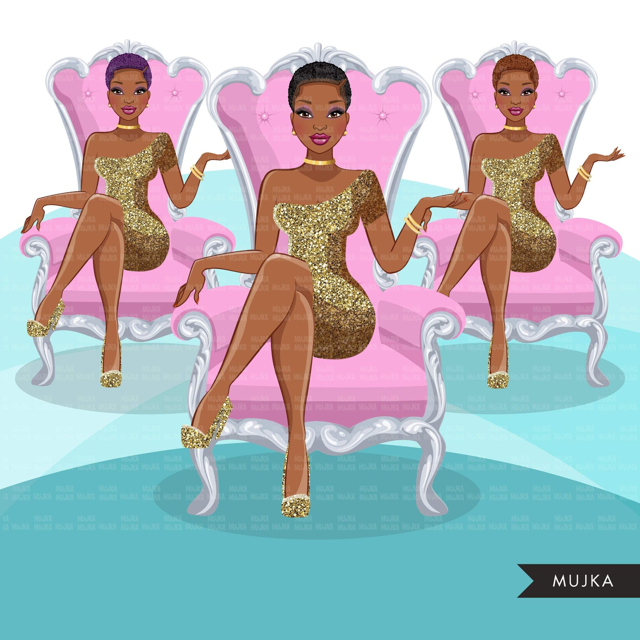 Fashion Graphics, Black Woman, pink throne, gold glitter, Sublimation designs for Cricut & Cameo, commercial use PNG clipart