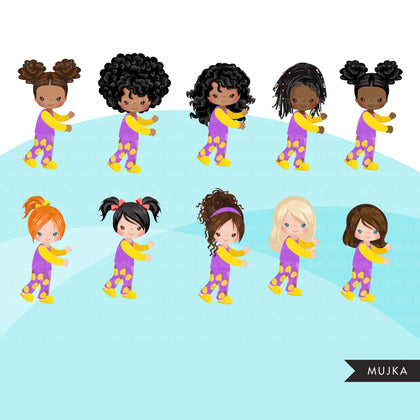 Chores Clipart, bedroom chores, making bed, children's room sublimation graphics, black girls PNG clip art