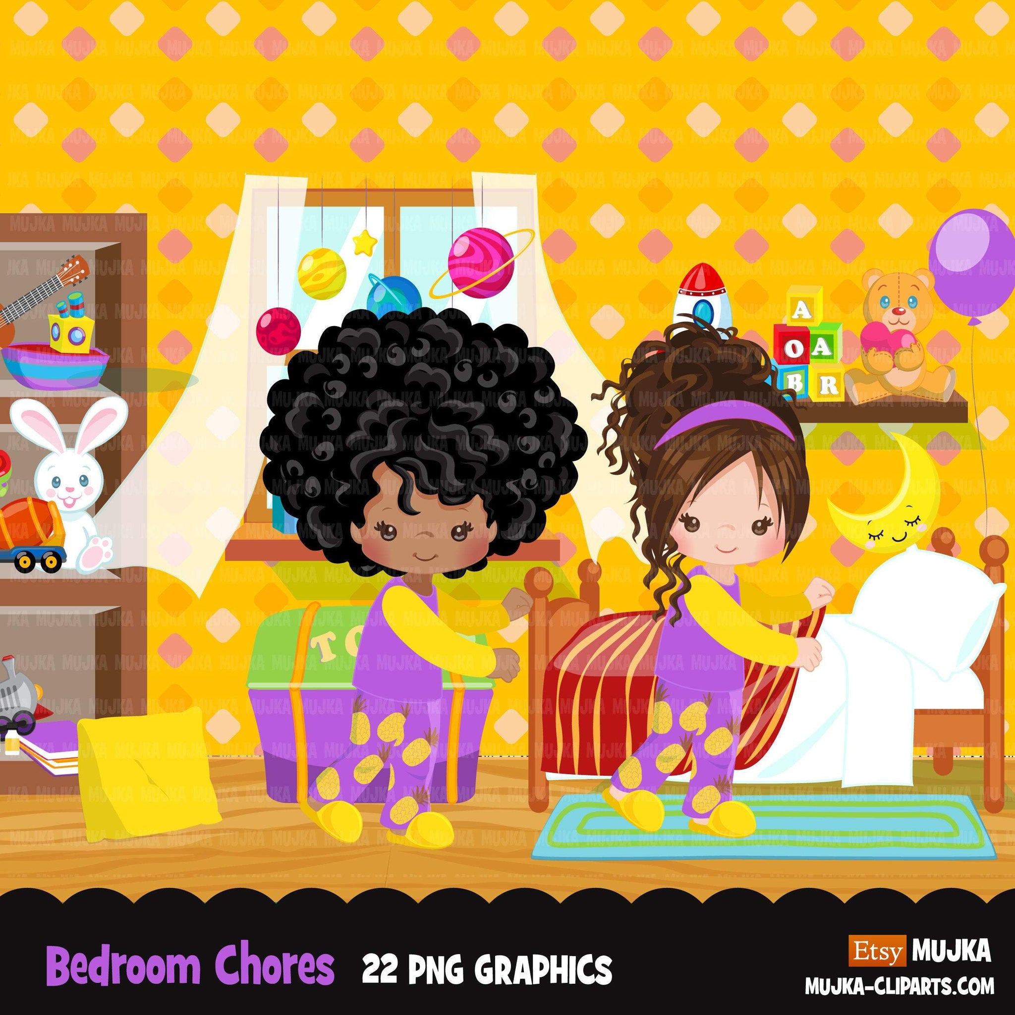Chores Clipart, bedroom chores, making bed, children's room sublimation graphics, black girls PNG clip art