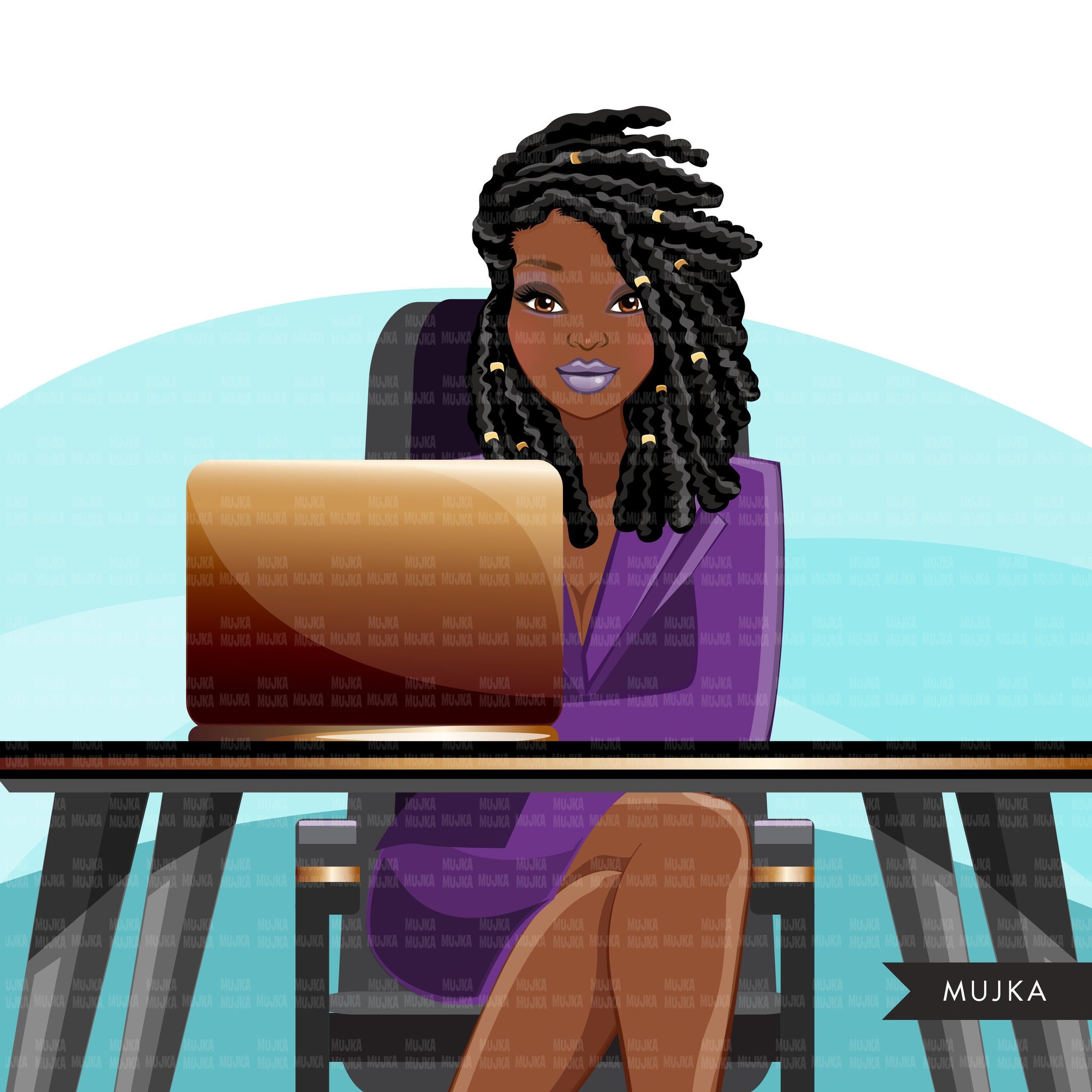 Fashion Graphics, Black Business Woman with laptop, braids, dreads hair, Sublimation designs for Cricut & Cameo, commercial use PNG clipart