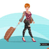 Fashion Graphics, travel vacation suitcase, Caucasian woman pixie hair, Sublimation design for Cricut & Cameo, commercial use PNG clipart