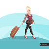 Fashion Graphics, travel vacation suitcase, Caucasian woman messy bun, Sublimation design for Cricut & Cameo, commercial use PNG clipart