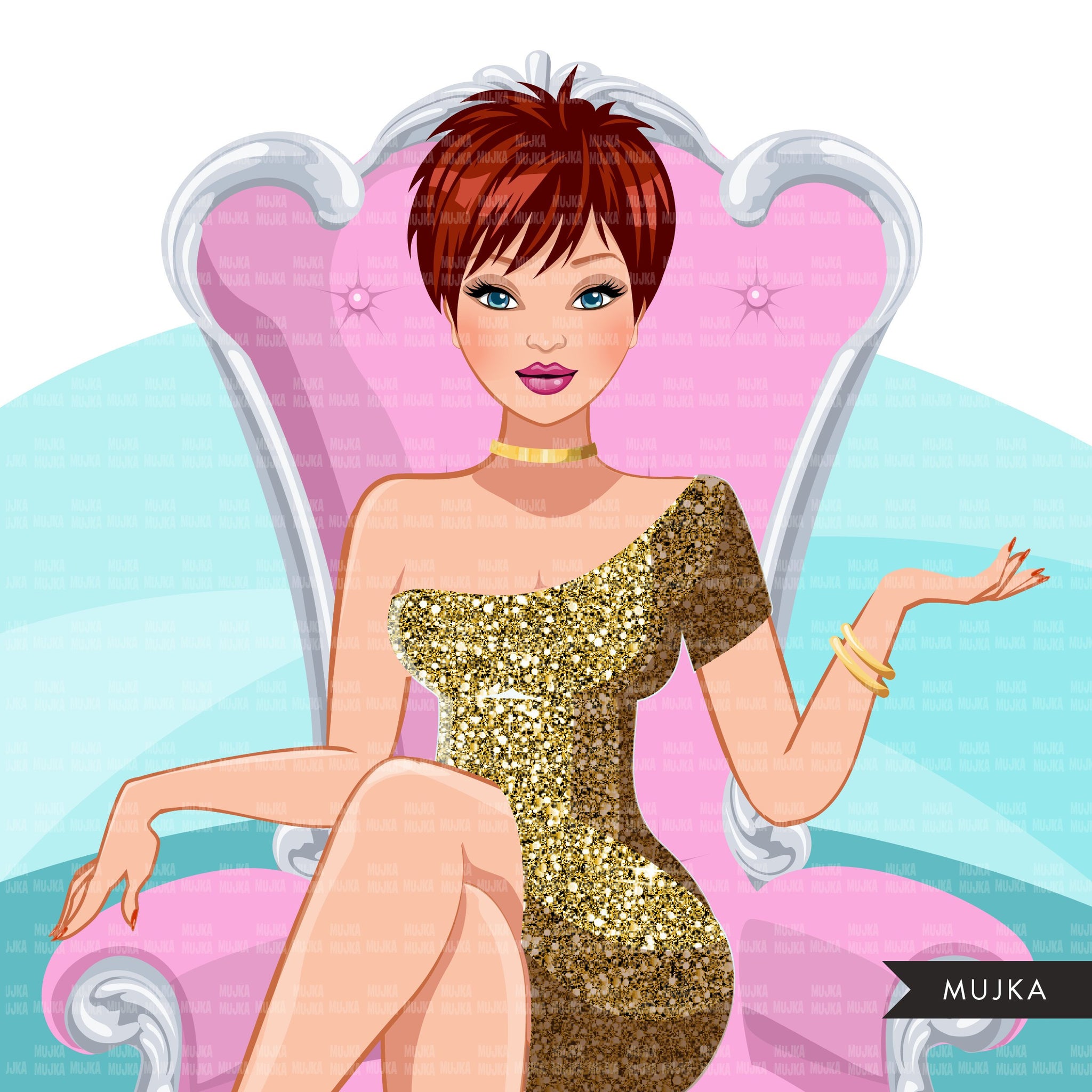 Fashion Graphics, Caucasian Woman pixie hair, gold glitter, pink throne, Sublimation designs for Cricut & Cameo, commercial use PNG clipart